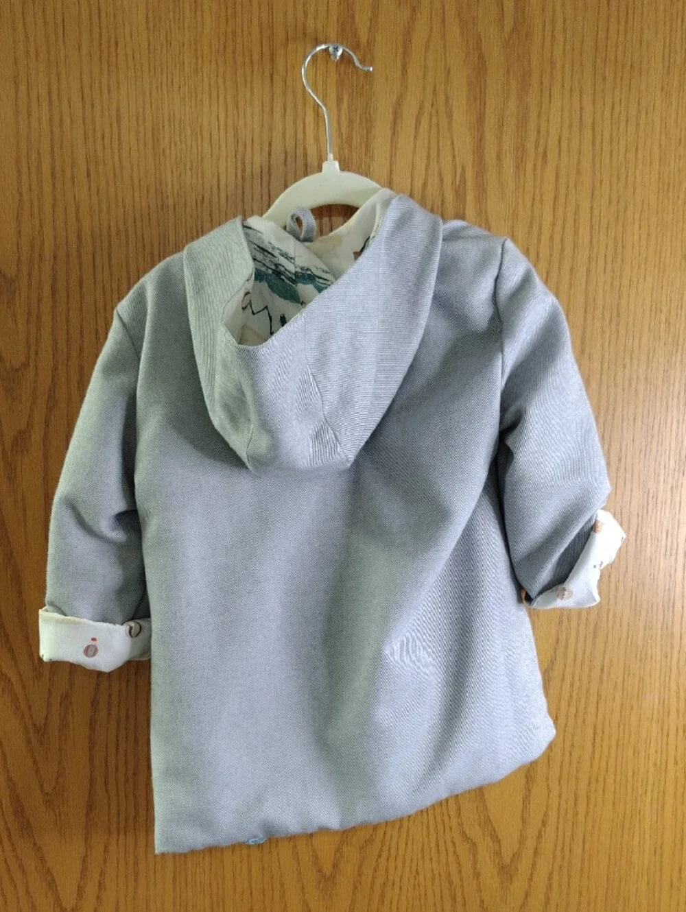 Kids Hooded Toggle Coat in Light Gray with Hot Air Balloon Lining